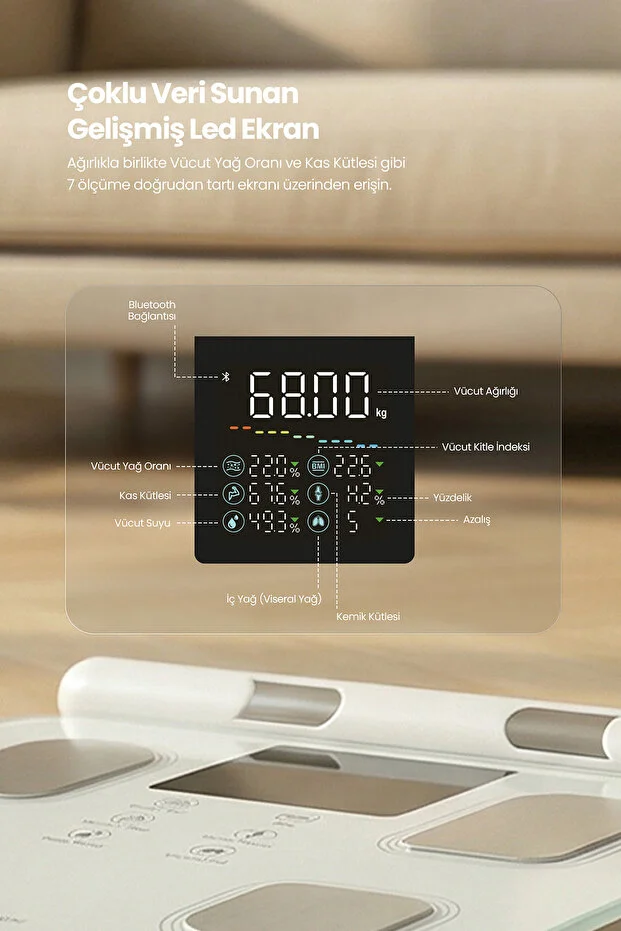 8 Elektrotlu Akıllı Tartı - Segmental Vücut Analizi, Multi-BIA, Yağ, Sıvı, Kas Ölçer